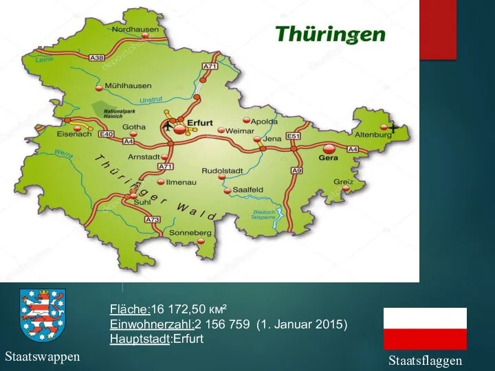 Staatsflaggen Staatswappen Fläche:16 172,50 км² Einwohnerzahl:2 156 759 (1. Januar 2015) Hauptstadt:Erfurt