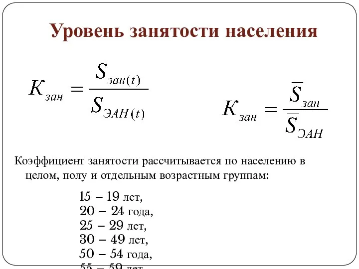 Уровень занятости населения Коэффициент занятости рассчитывается по населению в целом, полу