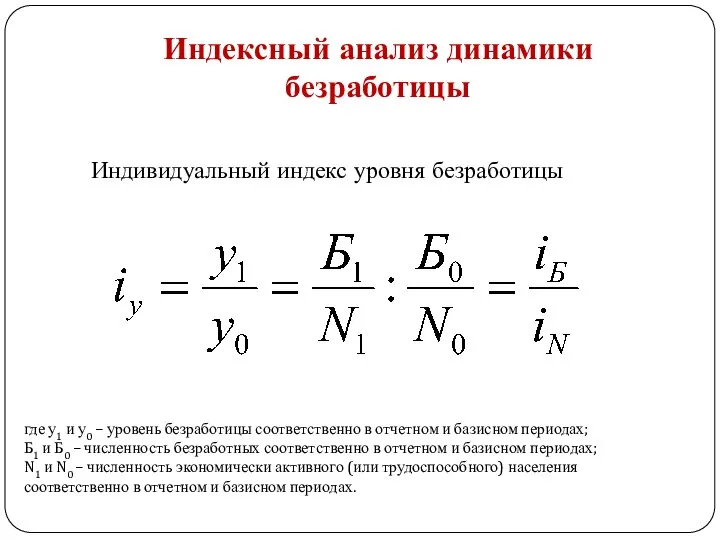 Индексный анализ динамики безработицы Индивидуальный индекс уровня безработицы где у1 и