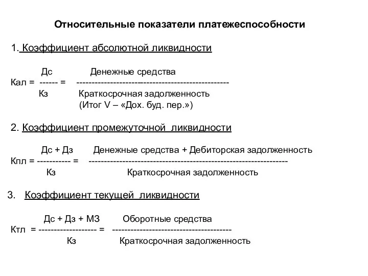 Относительные показатели платежеспособности 1. Коэффициент абсолютной ликвидности Дс Денежные средства Кал