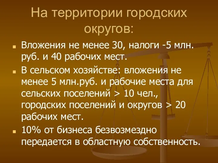 На территории городских округов: Вложения не менее 30, налоги -5 млн.руб.