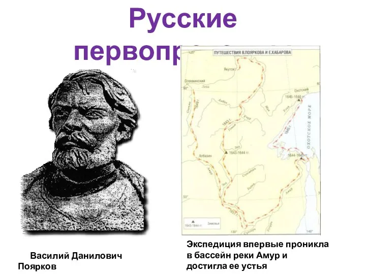 Русские первопроходцы Василий Данилович Поярков Экспедиция впервые проникла в бассейн реки Амур и достигла ее устья