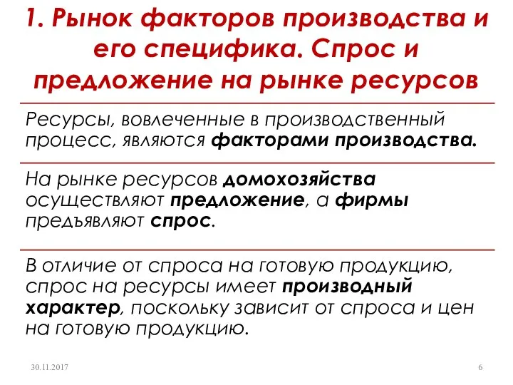 1. Рынок факторов производства и его специфика. Спрос и предложение на рынке ресурсов 30.11.2017