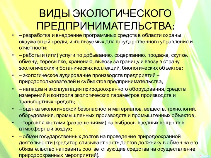 ВИДЫ ЭКОЛОГИЧЕСКОГО ПРЕДПРИНИМАТЕЛЬСТВА: – разработка и внедрение программных средств в области