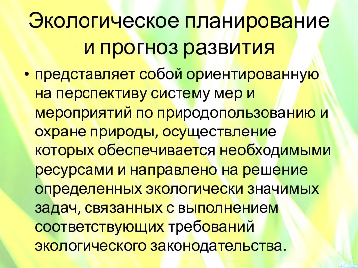 Экологическое планирование и прогноз развития представляет собой ориентированную на перспективу систему