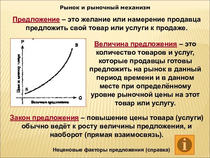 Рынок и рыночный механизм Предложение – это желание или намерение продавца