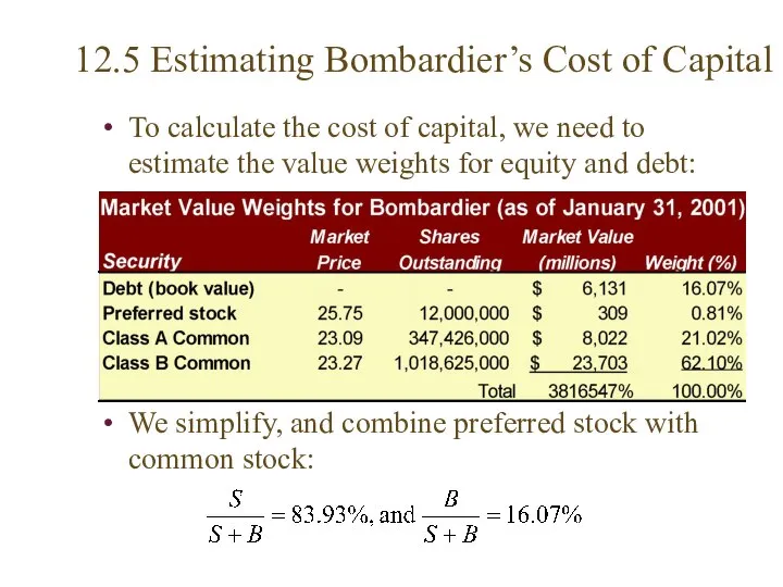 12.5 Estimating Bombardier’s Cost of Capital To calculate the cost of