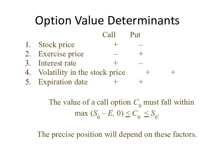 Option Value Determinants Call Put Stock price + – Exercise price