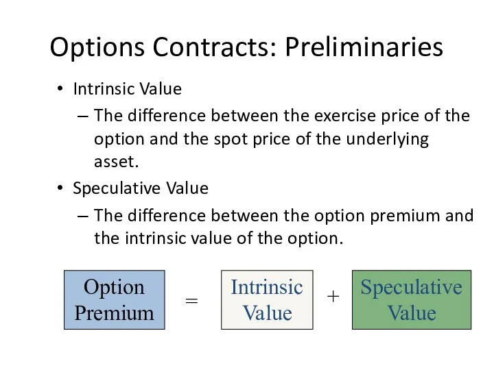 Options Contracts: Preliminaries Intrinsic Value The difference between the exercise price