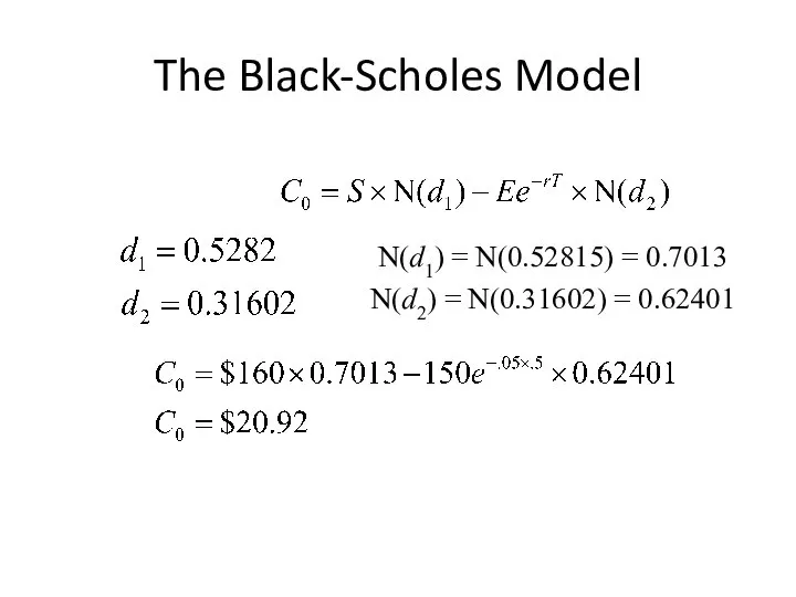 The Black-Scholes Model N(d1) = N(0.52815) = 0.7013 N(d2) = N(0.31602) = 0.62401