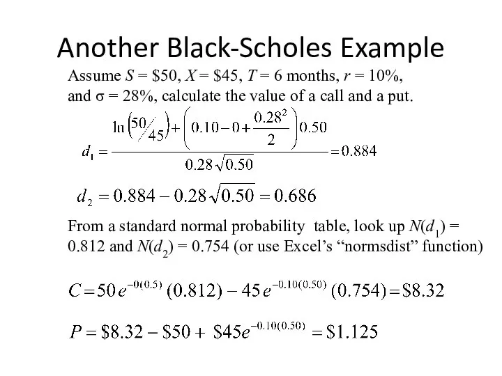 Assume S = $50, X = $45, T = 6 months,