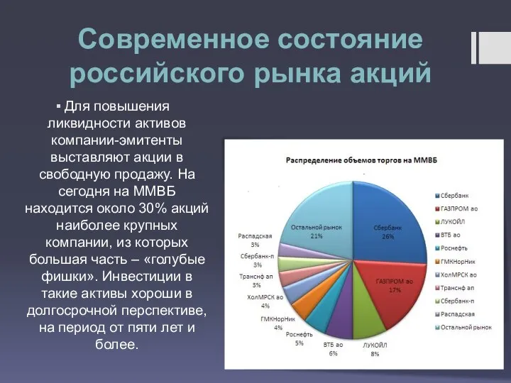 Современное состояние российского рынка акций Для повышения ликвидности активов компании-эмитенты выставляют