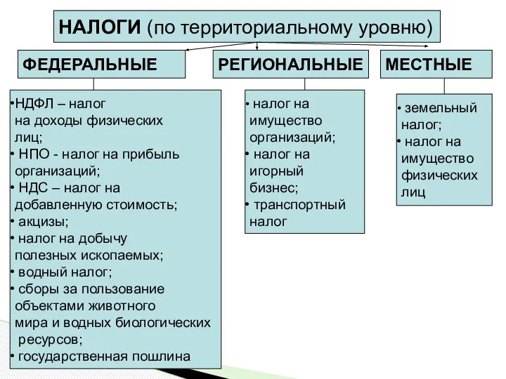 НАЛОГИ (по территориальному уровню) ФЕДЕРАЛЬНЫЕ НДФЛ – налог на доходы физических