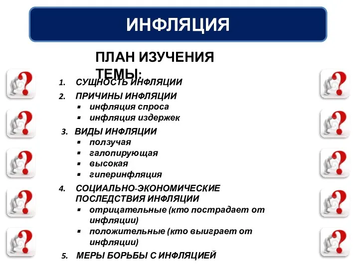 ПЛАН ИЗУЧЕНИЯ ТЕМЫ: СУЩНОСТЬ ИНФЛЯЦИИ ПРИЧИНЫ ИНФЛЯЦИИ инфляция спроса инфляция издержек