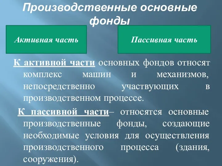 Производственные основные фонды К активной части основных фондов относят комплекс машин