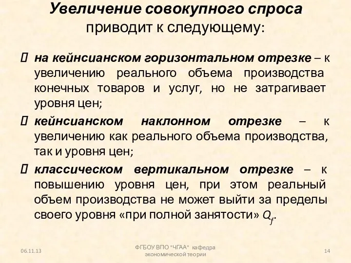 Увеличение совокупного спроса приводит к следующему: на кейнсианском горизонтальном отрезке –