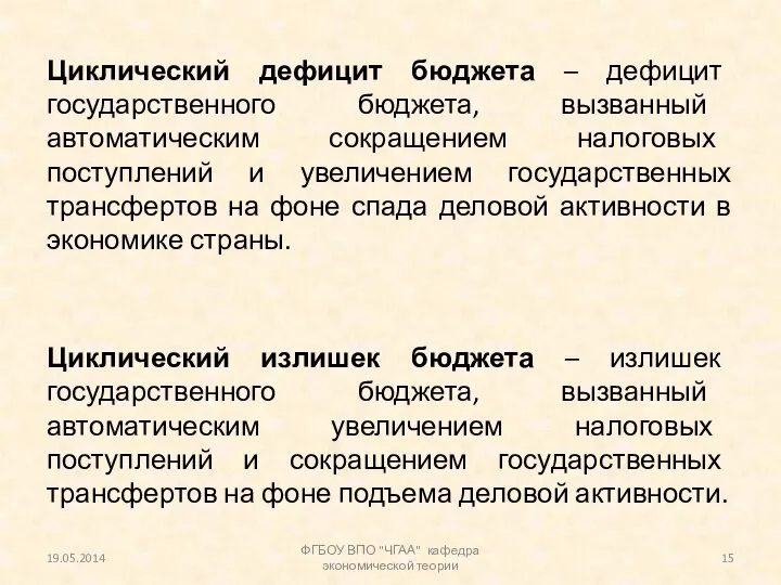 Циклический дефицит бюджета – дефицит государственного бюджета, вызванный автоматическим сокращением налоговых