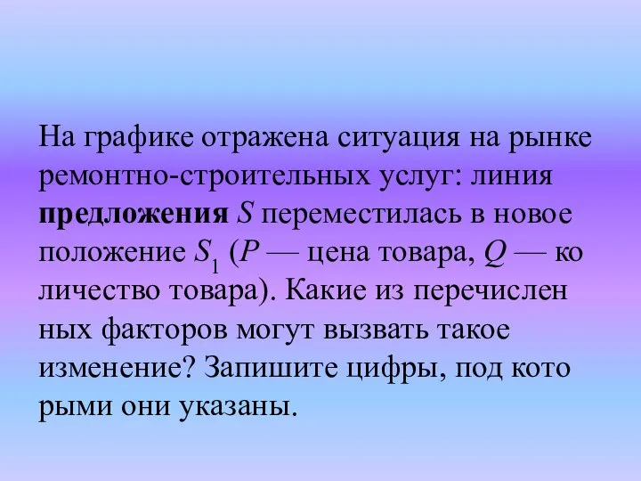 На гра­фи­ке от­ра­же­на си­ту­а­ция на рынке ремонтно-строительных услуг: линия пред­ло­же­ния S