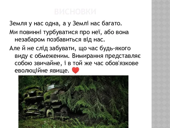 ВИСНОВКИ Земля у нас одна, а у Землі нас багато. Ми