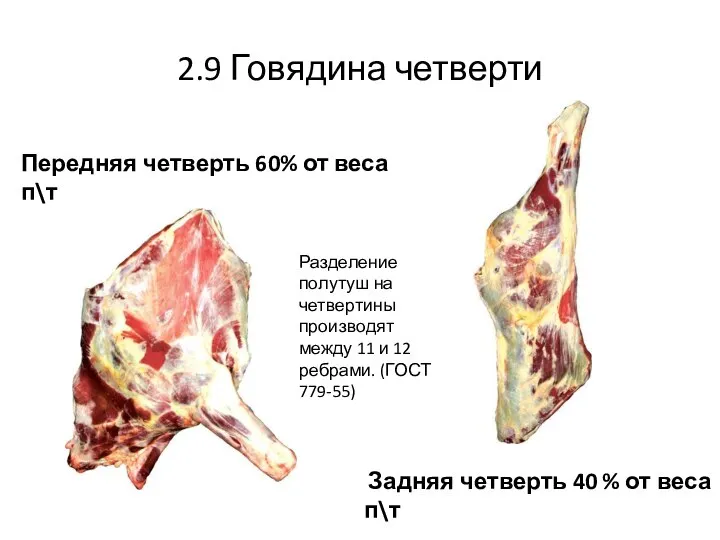 2.9 Говядина четверти Задняя четверть 40 % от веса п\т Передняя