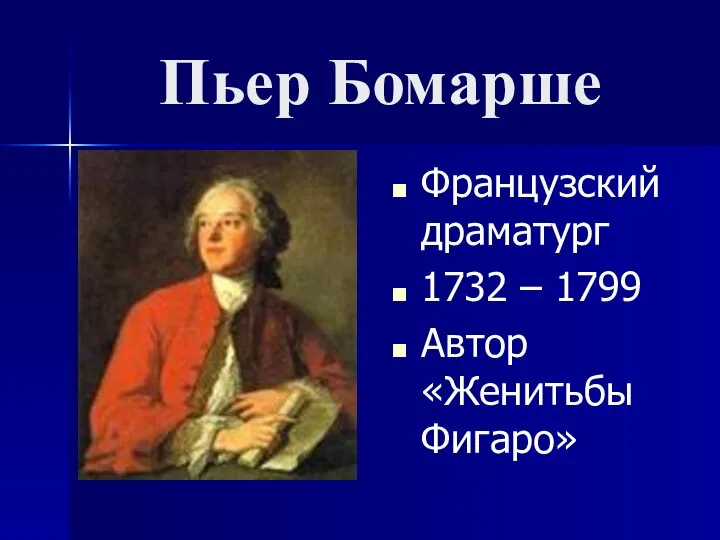 Пьер Бомарше Французский драматург 1732 – 1799 Автор «Женитьбы Фигаро»