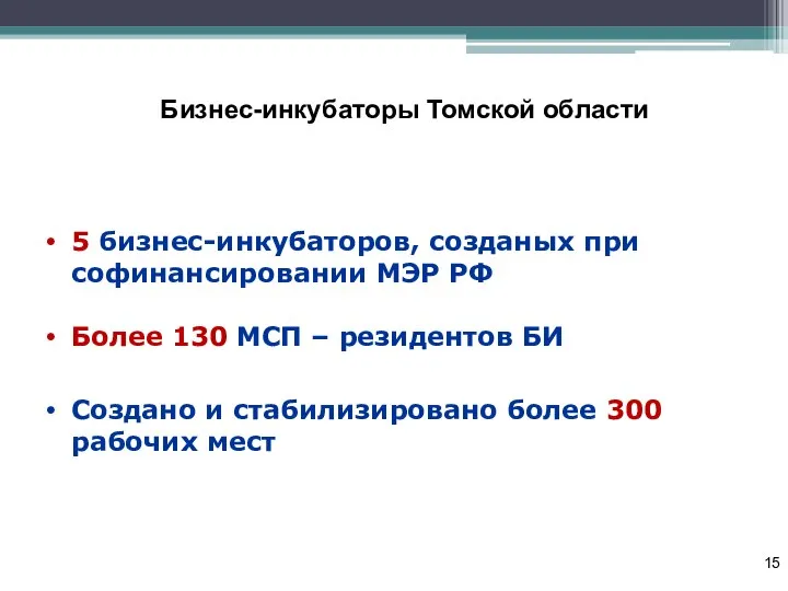 Бизнес-инкубаторы Томской области 5 бизнес-инкубаторов, созданых при софинансировании МЭР РФ Более