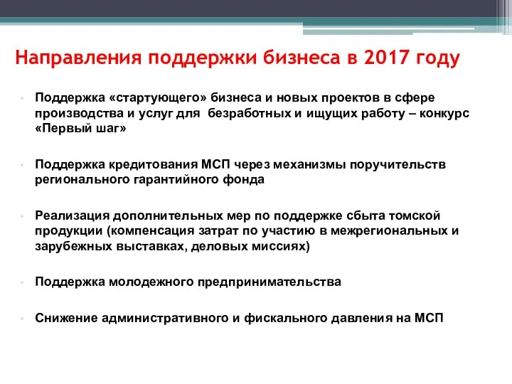 Направления поддержки бизнеса в 2017 году Поддержка «стартующего» бизнеса и новых