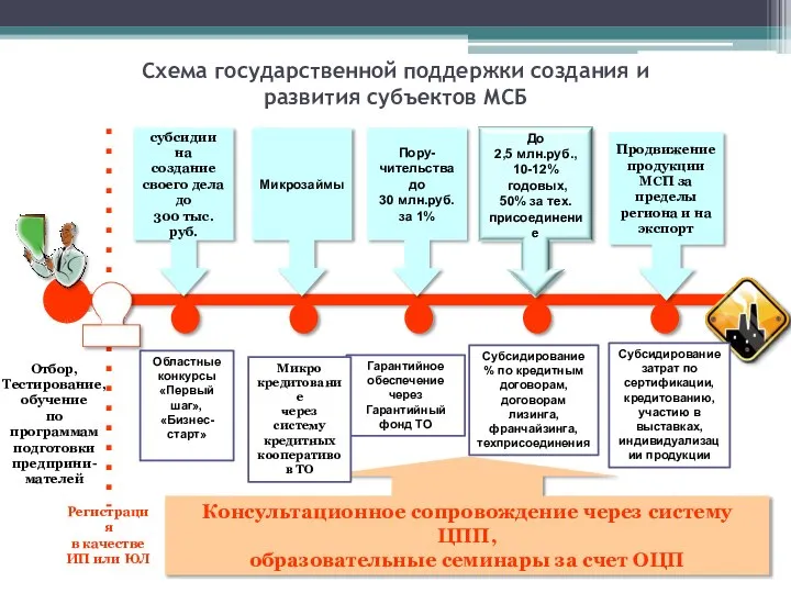 Схема государственной поддержки создания и развития субъектов МСБ Отбор, Тестирование, обучение