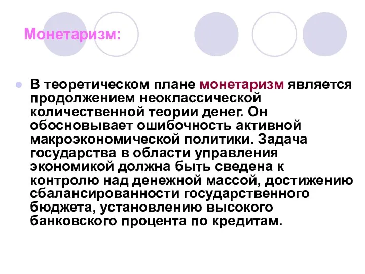 Монетаризм: В теоретическом плане монетаризм является продолжением неоклассической количественной теории денег.