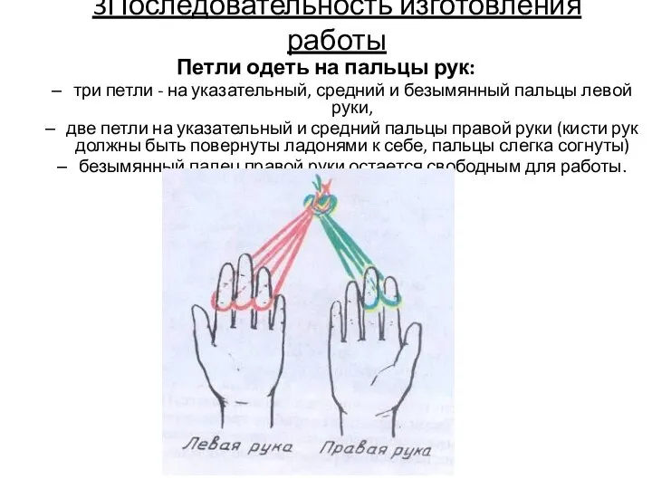 Петли одеть на пальцы рук: три петли - на указательный, средний