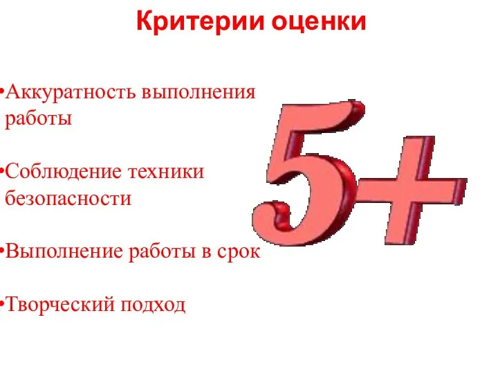 Критерии оценки Аккуратность выполнения работы Соблюдение техники безопасности Выполнение работы в срок Творческий подход