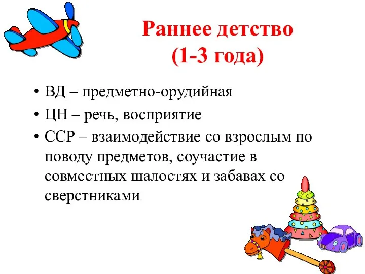 Раннее детство (1-3 года) ВД – предметно-орудийная ЦН – речь, восприятие