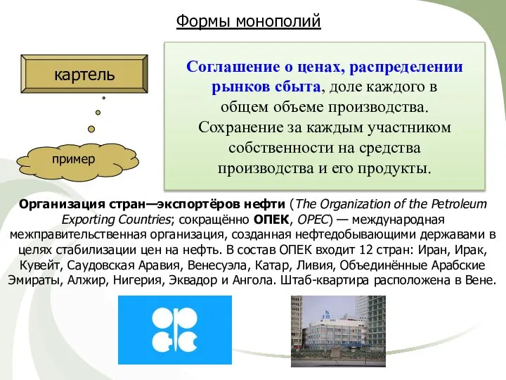 Формы монополий картель Соглашение о ценах, распределении рынков сбыта, доле каждого