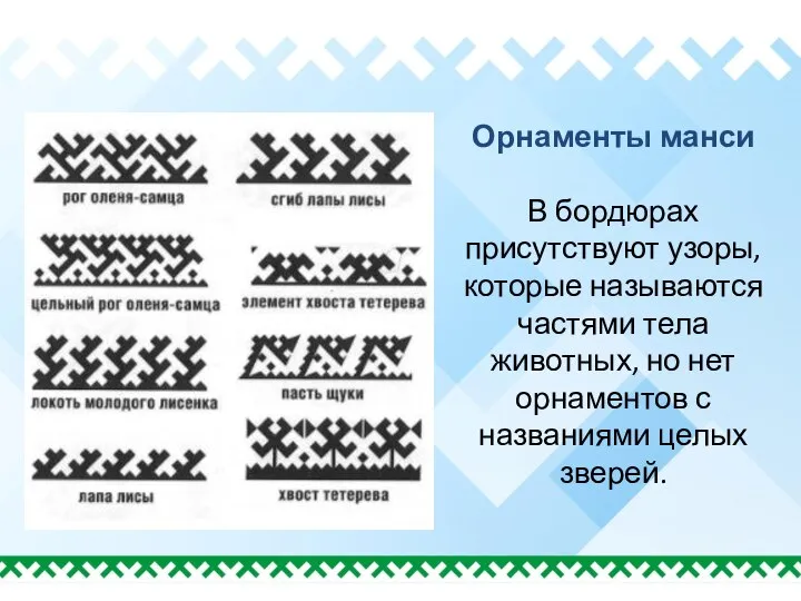 Орнаменты манси В бордюрах присутствуют узоры, которые называются частями тела животных,