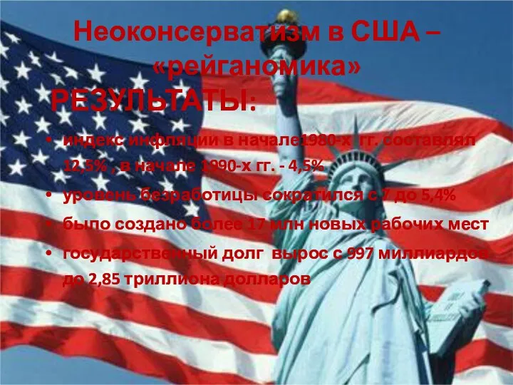 Неоконсерватизм в США – «рейганомика» РЕЗУЛЬТАТЫ: индекс инфляции в начале1980-х гг.