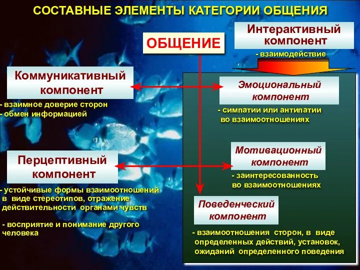 Коммуникативный компонент СОСТАВНЫЕ ЭЛЕМЕНТЫ КАТЕГОРИИ ОБЩЕНИЯ Эмоциональный компонент Перцептивный компонент Мотивационный