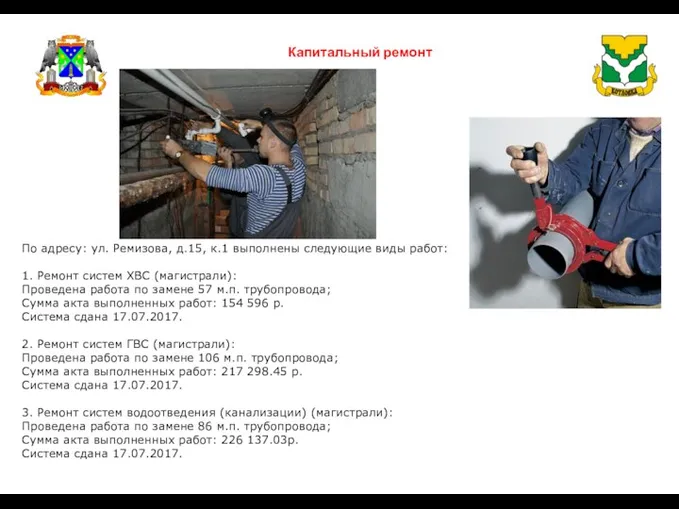 Капитальный ремонт По адресу: ул. Ремизова, д.15, к.1 выполнены следующие виды