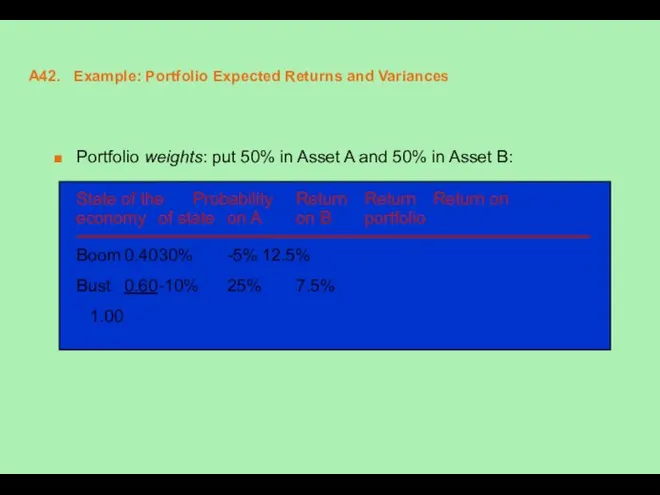 A42. Example: Portfolio Expected Returns and Variances Portfolio weights: put 50%