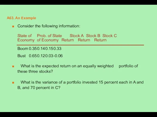 A63. An Example Consider the following information: State of Prob. of