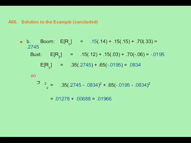 A66. Solution to the Example (concluded) b. Boom: E[Rp] = .15(.14)