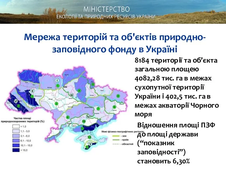 Відношення площі ПЗФ до площі держави (“показник заповідності”) становить 6,30% Мережа