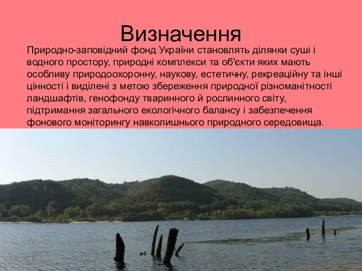 Визначення Природно-заповідний фонд України становлять ділянки суші і водного простору, природні