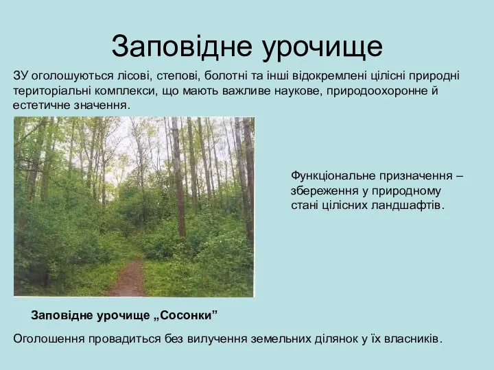 Заповідне урочище Заповідне урочище „Сосонки” ЗУ оголошуються лісові, степові, болотні та