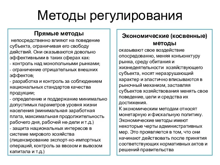 Методы регулирования Прямые методы непосредственно влияют на поведение субъекта, ограничивая его