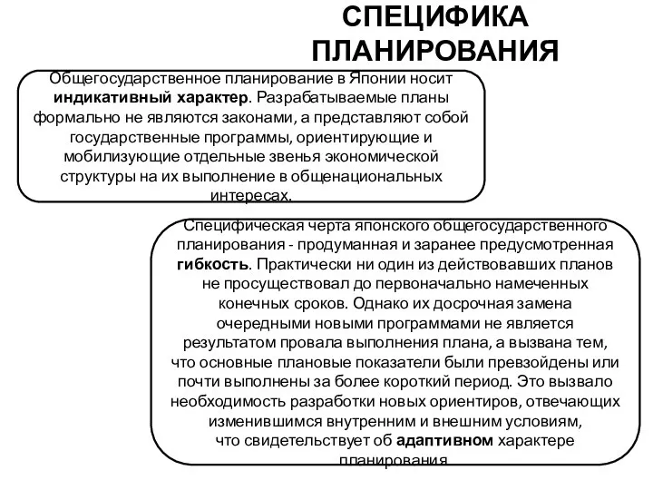 СПЕЦИФИКА ПЛАНИРОВАНИЯ Общегосударственное планирование в Японии носит индикативный характер. Разрабатываемые планы