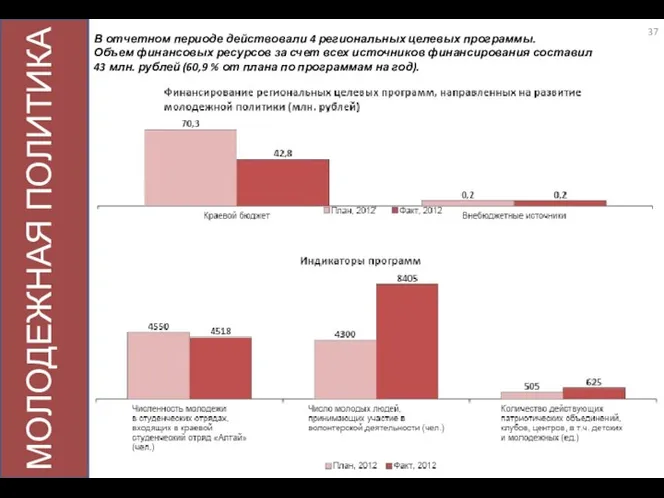 МОЛОДЕЖНАЯ ПОЛИТИКА В отчетном периоде действовали 4 региональных целевых программы. Объем