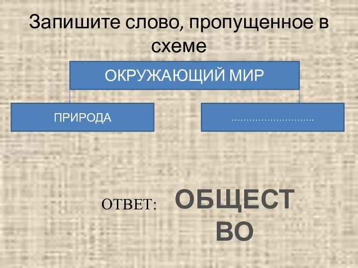 Запишите слово, пропущенное в схеме ОКРУЖАЮЩИЙ МИР ПРИРОДА ………………………. ОТВЕТ: ОБЩЕСТВО