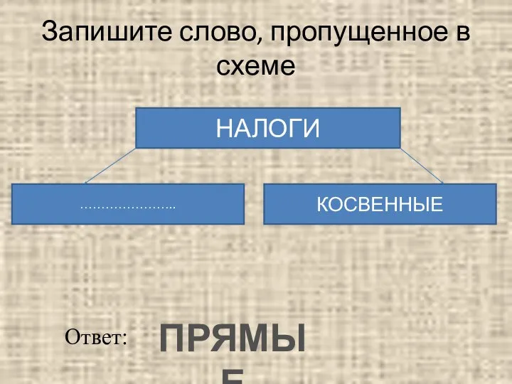 Запишите слово, пропущенное в схеме НАЛОГИ ………………….. КОСВЕННЫЕ ПРЯМЫЕ Ответ: