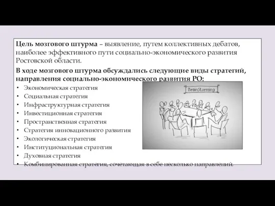 Цель мозгового штурма – выявление, путем коллективных дебатов, наиболее эффективного пути