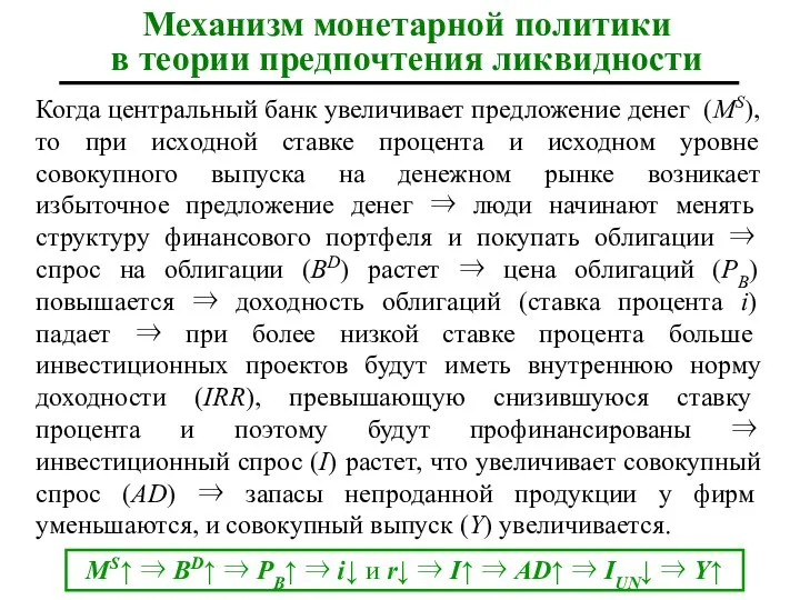 Механизм монетарной политики в теории предпочтения ликвидности Когда центральный банк увеличивает